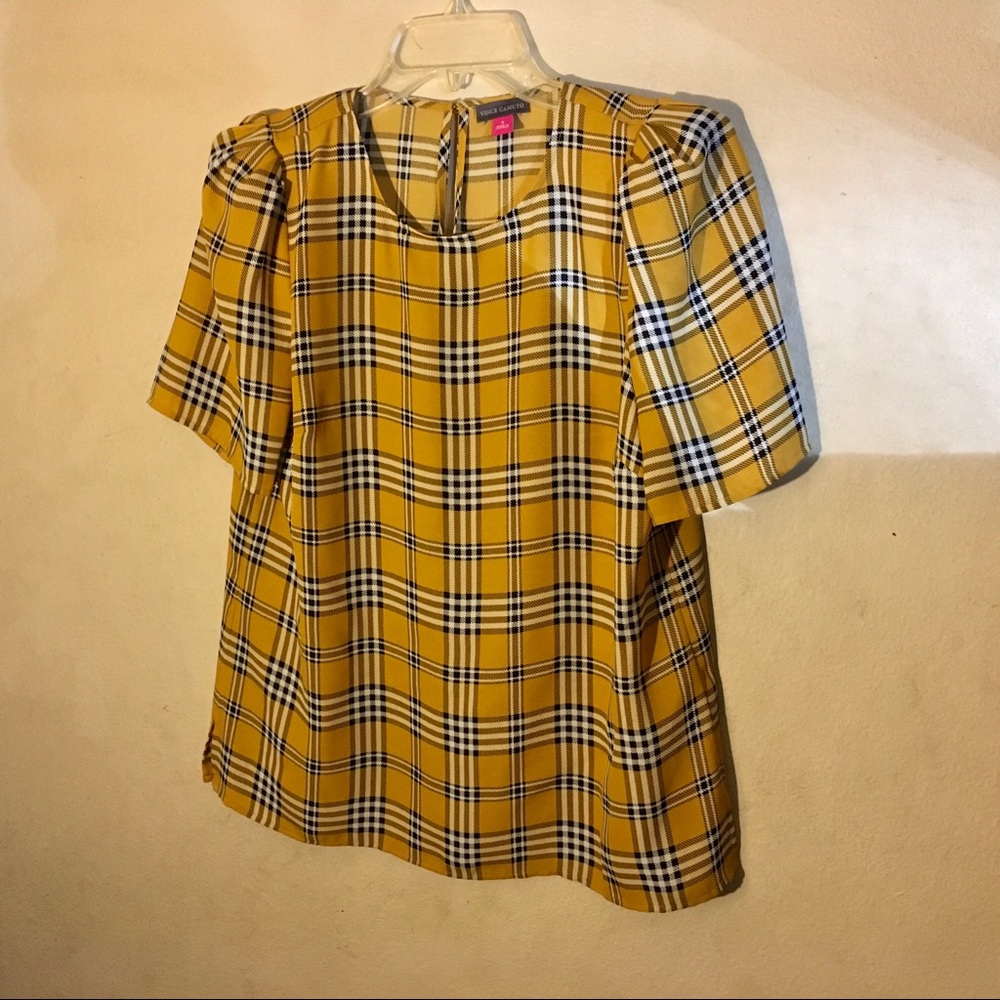 Vince Camuto Gold/Blk Highland Plaid Top, Sz S